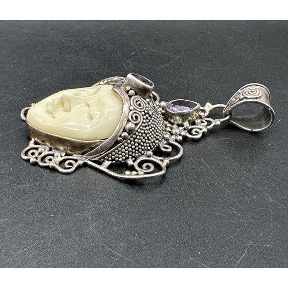 Sterling Silver Pendant Carved Goddess Face Purple Rhinestone Filigree Statement - Picture 4 of 9